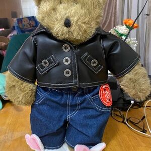 Build-A-Bear Brown Teddy with Black Faux-Leather Jacket and Blue Jeans